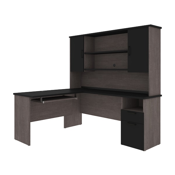 Norma L-Shaped Desk with Hutch, Black & Bark Gray